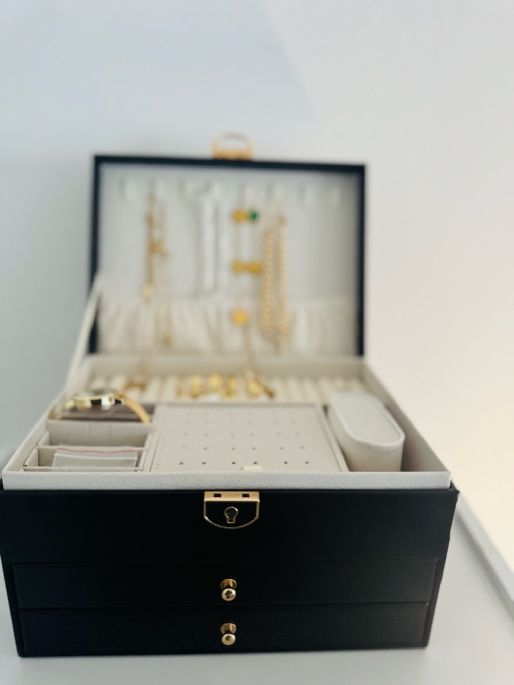 Classic Black and Cream Jewelry Box with Gold Hardware